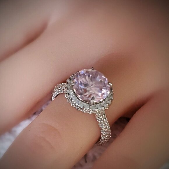 Pink & White Round Diamond Simulant, Cubic Zirconia Rhodium Over Sterling Silver - Picture 1 of 4